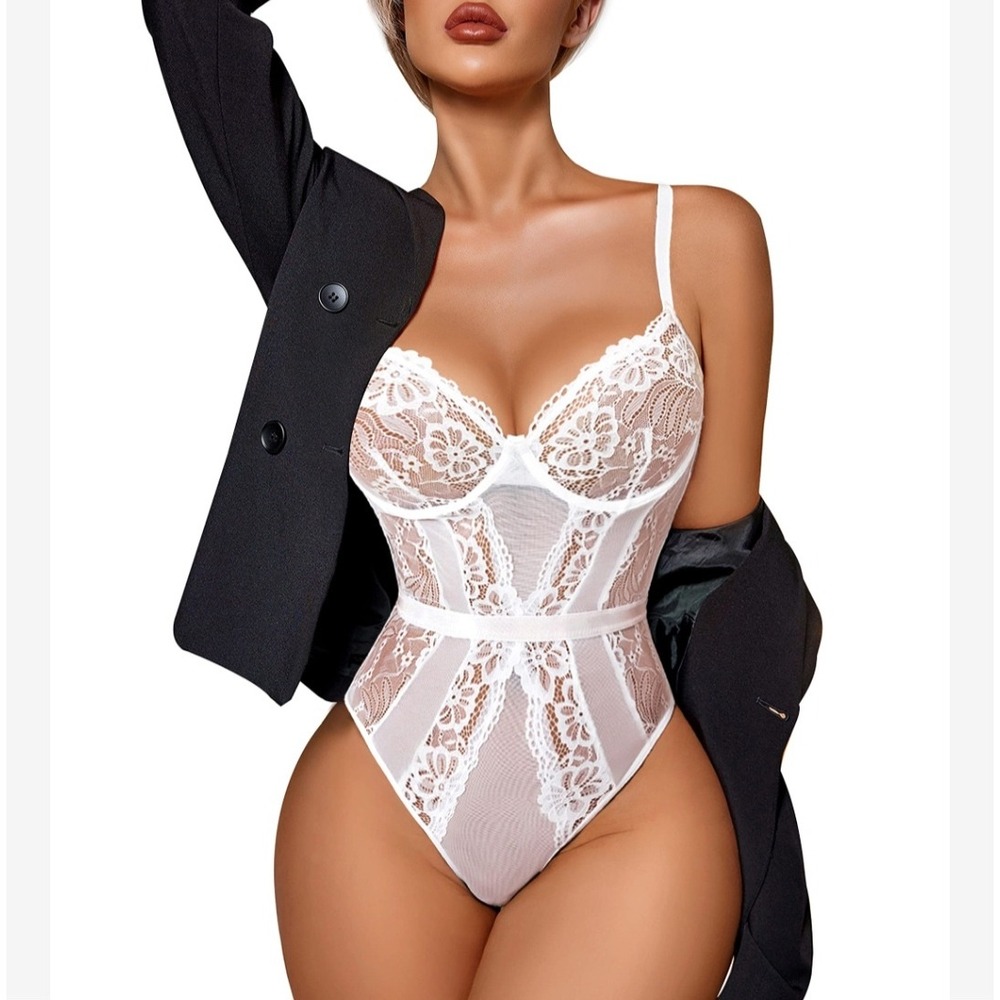 Avidlove White Lace Mesh Bodysuit Underwire Lingerie XL‎ Snap Crotch Bridal
